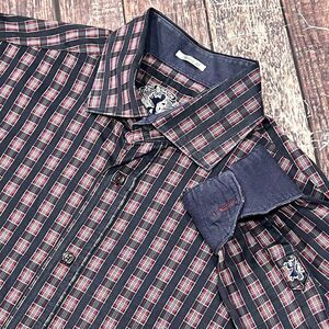 Bugatchi Mens Blue Red Plaid Check Long Sleeve Button Shirt Flip‎ Cuff Size XL